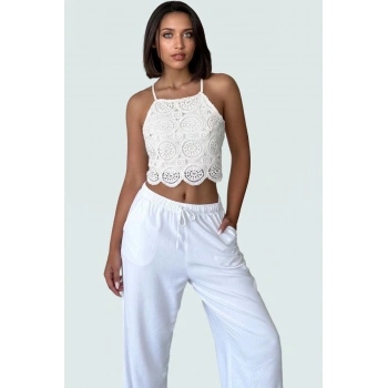 Yazlık Kroşe Detaylı Pamuklu Crop Bluz Rahat Günlük Stil Konforlu Kesim Dayanıklı Malzeme