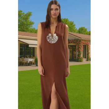 Yazlık Maxi Elbise Pamuklu Keten Dokuma Tek Kol Aksesuarlı Günlük Kullanım İçin Rahat Kullanım