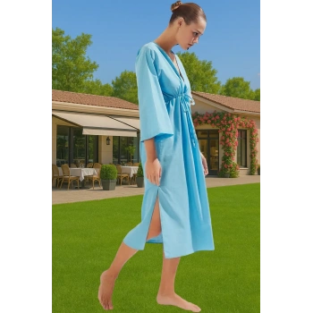 Yazlık Maxi Elbise Pamuklu Keten Görünümlü Reglan Kol Büzgü Detaylı Mükemmel Uyum Trend Tasarım