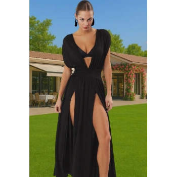 Yazlık Maxi Elbise Tek Kol Derin V Yaka Yırtmaçlı Viskoz Elastan Konforlu Kesim Modern Stil