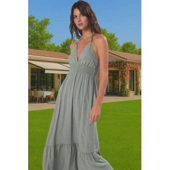 Yazlık Maxi Şifon Elbise Etnik Desenli V Yaka Plaj Elbisesi Konforlu Kesim Günlük Kullanım İçin