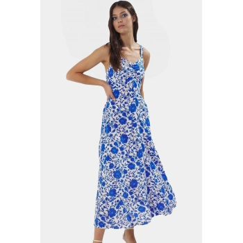 Yazlık Midi Boy V Yaka Çiçekli Elbise  Viskoz Dokuma Kumaş Rahat Günlük Stil Yüksek Kalite