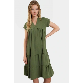 Yazlık Midi Elbise Nefes Alan Aerobin Dokuma V Yaka Geniş Kalıp Rahat Konforlu Kesim