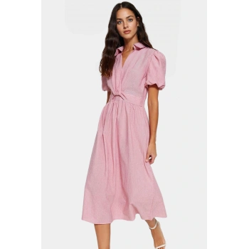 Yazlık Midi Elbise %Pamuk Dokuma Kısa Balon Kollu Çizgili Skater Gömlek Yaka Rahat Ve Şık