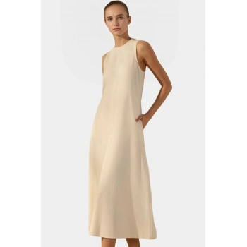 Yazlık Midi Keten Karışımlı Elbise Dikiş Detaylı Shift Kalıp Premium Kalite