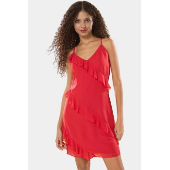 Yazlık Mini A Kesim Fırfırlı Elbise Şifon Dokuma Polyester Kumaş Zarifane Tasarım