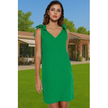 Yazlık Mini Dokuma Bağlamalı Elbise Rahat Kalıp Polyester Plaj Premium Kalite Mükemmel Uyum