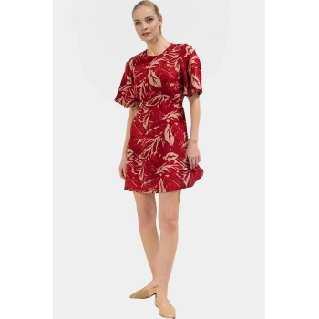 Yazlık Mini Elbise Tropikal Desenli Viskoz A Kesim Yüksek Kalite Seçkin Malzeme