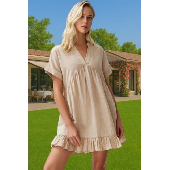 Yazlık Mini Pamuklu Plaj Elbisesi Geniş Kalıp V Yaka Kaliteli İşçilik Uzun Ömürlü Kaliteli İşçilik