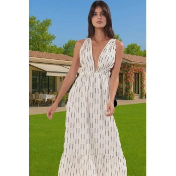 Yazlık Müslin Pamuk Maxi Elbise V Yaka Çizgili Desen Kaliteli İşçilik Yüksek Kalite Kaliteli İşçilik