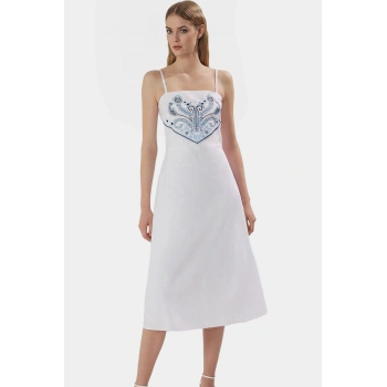 Yazlık Nakışlı A Kesim Midi Elbise Pamuklu Poplin Kumaş Rahat Günlük Stil Dayanıklı Malzeme