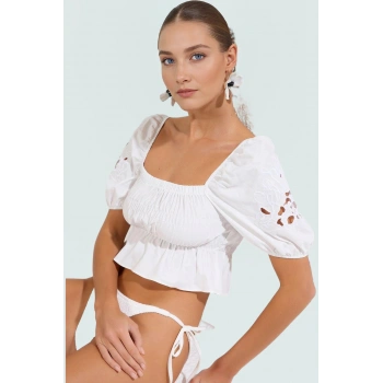 Yazlık Nakışlı Fitted Plaj Bluz Terrycotton Kumaş Premium Kalite Trend Tasarım Yüksek