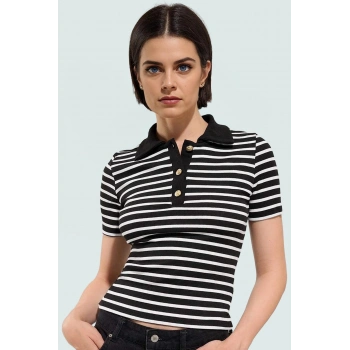 Yazlık Nefes Alan Poliviskon Kaşkorse Bluz Çizgili Polo Yaka Kaliteli İşçilik
