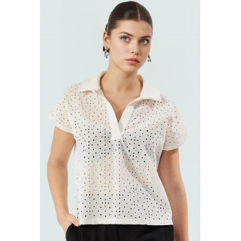 Yazlık Örme Bluz Ay Kol Polo Yaka Brode Detay Kaliteli İşçilik Günlük Kullanım İçin