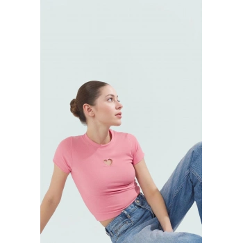 Yazlık Ottoman Örme Bluz Bisiklet Yaka Kısa Kol Fitted Kalıp Kalp Detay Yüksek Kalite