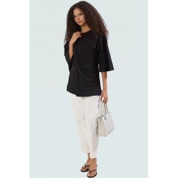 Yazlık Pamuklu Bluz Bisiklet Yaka Truvakar Kol Regular Kalıp Modern Stil Konforlu Kesim