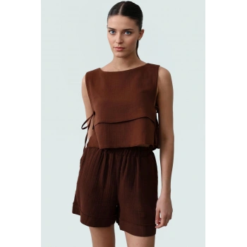 Yazlık Pamuklu Dokuma Bluz Bisiklet Yaka Yandan Bağlama Detaylı Konforlu Kesim