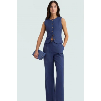 Yazlık Pamuklu Gabardin Yelek Pantolon Takım Geniş Paça Rahat Günlük Stil Kullanım İçin