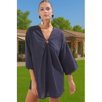 Yazlık Pamuklu Keten Görünümlü Midi Plaj Elbisesi Aksesuarlı Rahat Uzun Ömürlü Konforlu Kesim