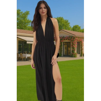 Yazlık Plaj Elbisesi Crinkle Viskoz Maxi Boy Skater Kalıp V Yaka Rahat Ve Şık Rahat Kullanım