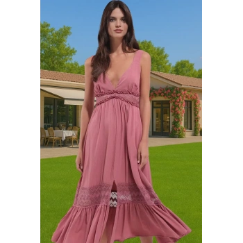 Yazlık Plaj Elbisesi Maxi Boy V Yaka Dokuma Crinkle Rahat Ve Şık Modern Stil Mükemmel Uyum