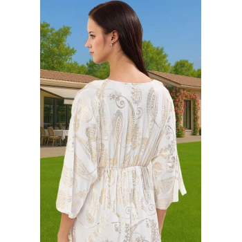 Yazlık Plaj Elbisesi Mini Şal Desenli V Yaka Dokuma Crinkle Zarifane Tasarım Dayanıklı Malzeme