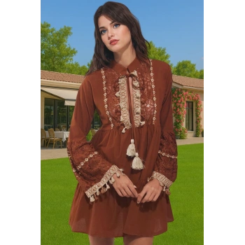 Yazlık Plaj Elbisesi V Yaka Dantelli Uzun Kollu Pamuklu Mini Elbise Kaliteli İşçilik Rahat Kullanım