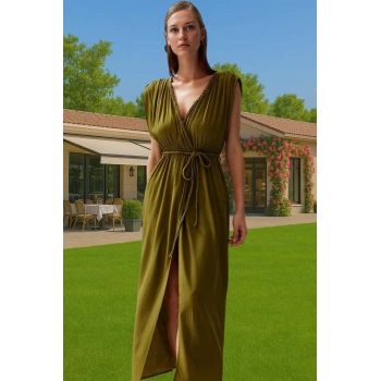 Yazlık Plaj Elbisesi V Yaka Maxi Dokuma Crinkle Uzun Ömürlü Özel Tasarım Seçkin Malzeme