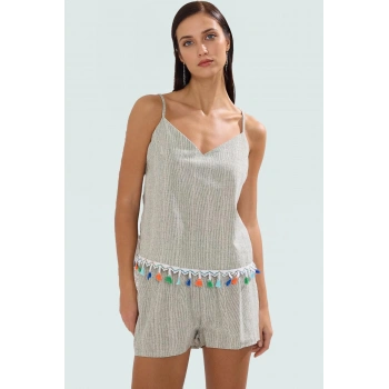 Yazlık Plaj Takımı Nefes Alabilir Pamuklu Bluz ve Şort Püskül Detaylı Dayanıklı Malzeme