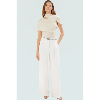 Yazlık Poliamid Bluz Dik Yaka Cut Out Simli Örme Kumaş Yüksek Kalite Şık Görünüm