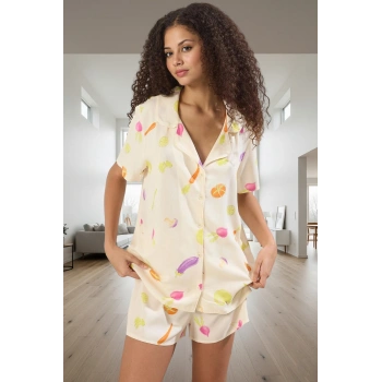 Yazlık Rahat Pijama Takımı Sebze Desenli Viskon Şortlu 2li Ve Şık Özenle Seçilmiş