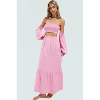 Yazlık Şal Desenli Viskoz Bluz Etek Takım Balon Kol Profesyonel Görünüm