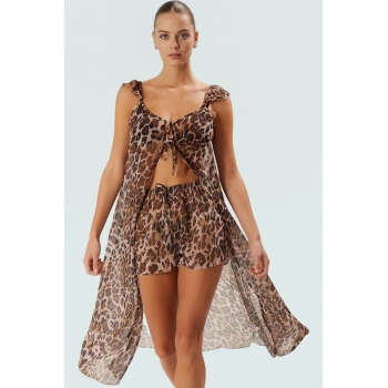 Yazlık Şifon Leopar Desenli Plaj Takımı Yelek ve Şort Rahat Nefes Alabilir Uzun Ömürlü
