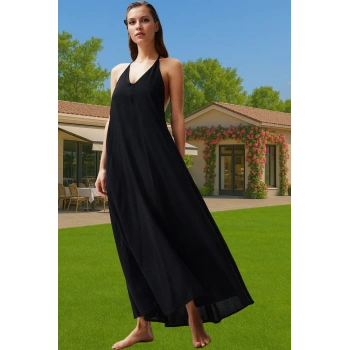 Yazlık Şık Sırt Dekolteli Maxi Viskoz Elbise Rahat A line Kalıp Dayanıklı Malzeme Seçkin Malzeme