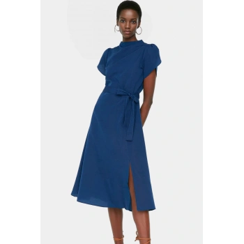 Yazlık Şık Terrycotton Midi Elbise A Line Kesim Balon Kol Modern Stil