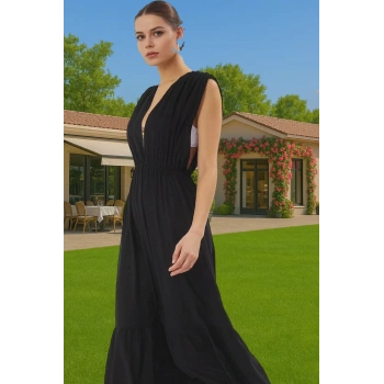 Yazlık Şık V Yaka Maxi Elbise Büzgü Detaylı Plaj Mükemmel Uyum Modern Stil Uzun Ömürlü Yüksek Kalite