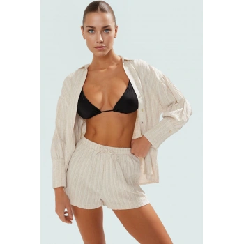 Yazlık Şıklık Pamuk Polyester Keten Karışımlı Uzun Kollu Gömlek Şort Takım Mükemmel Uyum