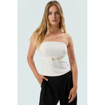 Yazlık Straplez Bluz Regular Kalıp Finike Dokuma Şık Kemer Detayı Konforlu Kesim