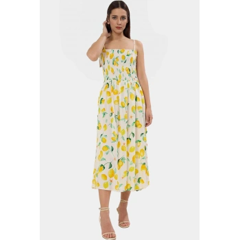 Yazlık Tropikal Desenli Viskoz Midi Elbise Kare Yaka Gipeli Özenle Seçilmiş Profesyonel Görünüm