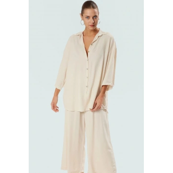 Yazlık Viskoz Polyester Dokuma Uzun Gömlek Pantolon Takım Rahat Plaj Stili Şık Görünüm