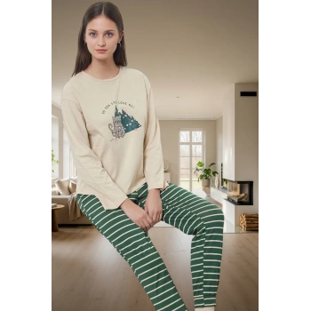 Yumuşak Pamuklu Kadın Pijama Takımı Çizgili Yılbaşı Temalı Boru Paça Modern Stil Uzun Ömürlü