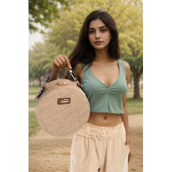Doğal Hasır Yuvarlak Kadın Omuz Çantası Yazlık Hafif Şık Sade Tasarım Günlük Plaj Tatil Kullanım