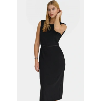 Zarif A Kesim Midi Krep Elbise Dokuma Polyester Yazlık Ofis Elbisesi Dayanıklı Malzeme