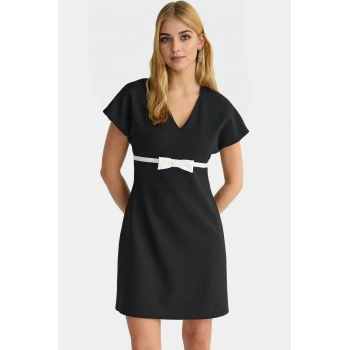 Zarif A Kesim Mini Elbise Fiyonklu V Yaka 88% Polyester Dokuma Kumaş Yüksek Kalite Rahat Ve Şık