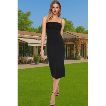 Zarif Bodycon Midi Abiye Elbise Dokuma Kumaş Yazlık Mezuniyet Profesyonel Görünüm Trend Tasarım