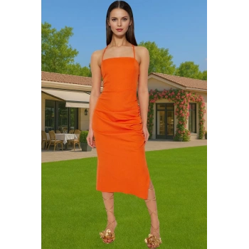 Zarif Bodycon Midi Abiye Elbise Polyester Elastan Dokuma Kumaş Seçkin Malzeme Rahat Kullanım