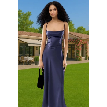 Zarif Degaje Yaka Saten Abiye Elbise Shift Kalıp Midi Boy Yüksek Kalite Zarifane Tasarım