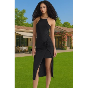 Zarif Gül Detaylı Örme Midi Elbise Kadın Yazlık Elbise Özel Tasarım Özenle Seçilmiş Zarifane Tasarım