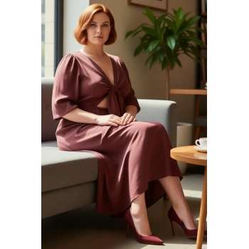 Zarif Kadın A Line Kesim Midi Elbise Truvakar Kol Detaylı V Yaka Dokuma Bahar Kombini Kaliteli