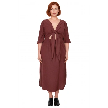 Zarif Kadın A Line Kesim Midi Elbise Truvakar Kol Detaylı V Yaka Dokuma Bahar Kombini Kaliteli